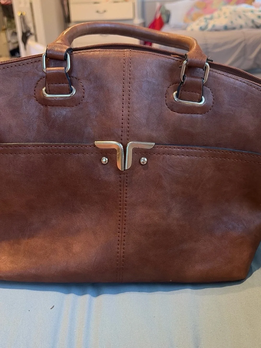 Bueno Brown Faux Leather Top-Handle Satchel with Gold Hardware